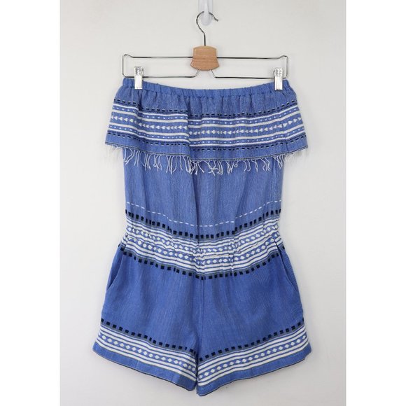 Lemlem Izara Romper Playsuit Strapless Woven Ruffle Bust Fringe Trim Blue Small - Picture 3 of 9
